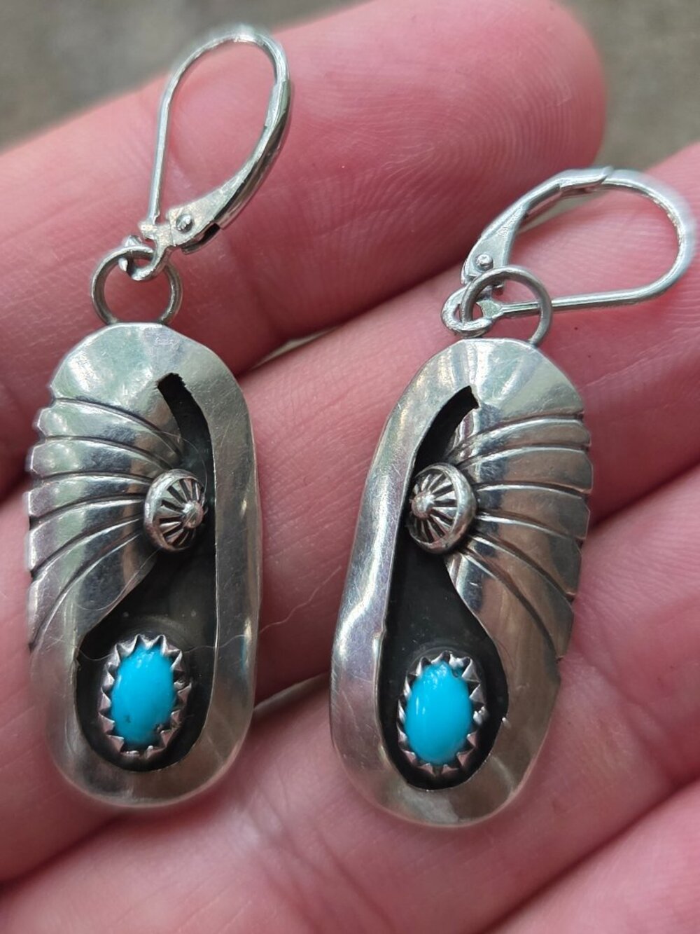 Old Pawn Navajo Sterling Silver Turquoise Hook Shadowbox Hook Earrings
